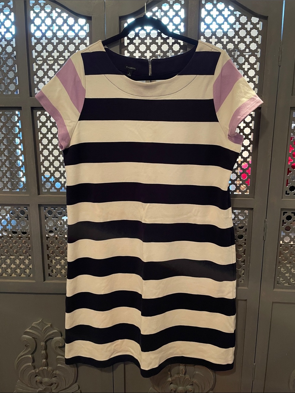 Talbots Black, White & Lilac Striped Midi Dress